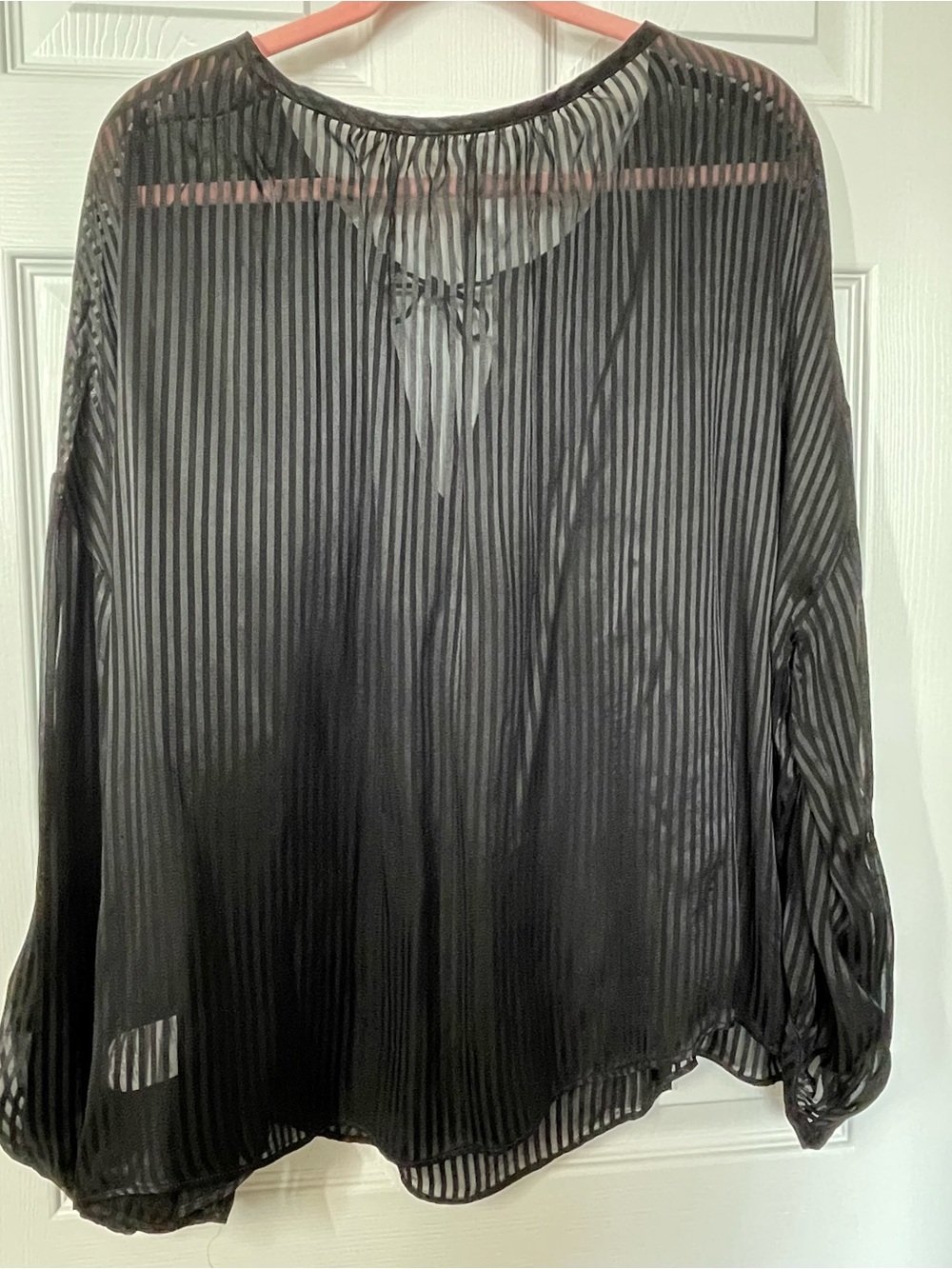Addition Elle Black Sheer Striped Tie-Neck Blouse - Picture 6 of 15